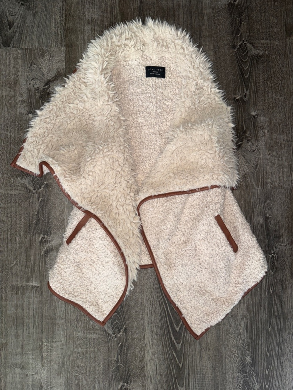 Love Tree Cream Sherpa Vest with Brown Trim Accents